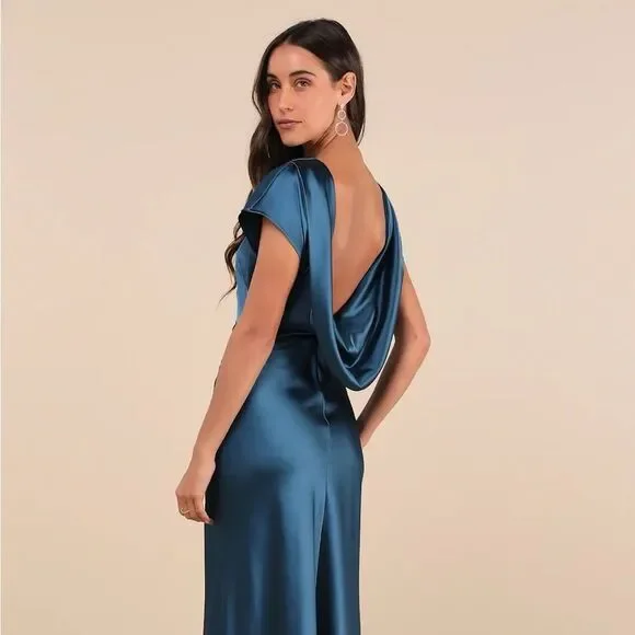 Lulus Captivating Presence Dark Teal Satin Cowl Back Maxi Dress Size Small NEW - Picture 10 of 12